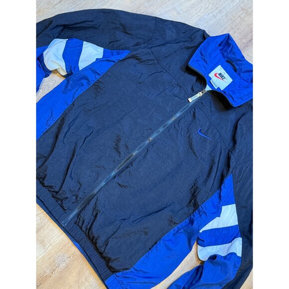 Vintage 90s Nike Windbreaker Jacket Black & Blue Colorblock Center Swoosh XL - Picture 2 of 10